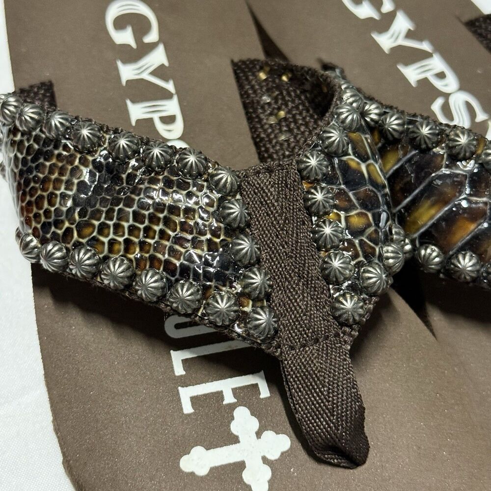 Gypsy Soule Studded Snakeskin Flip Flops Women’s SZ 7 Brown, Western, Sandals - Picture 12 of 16
